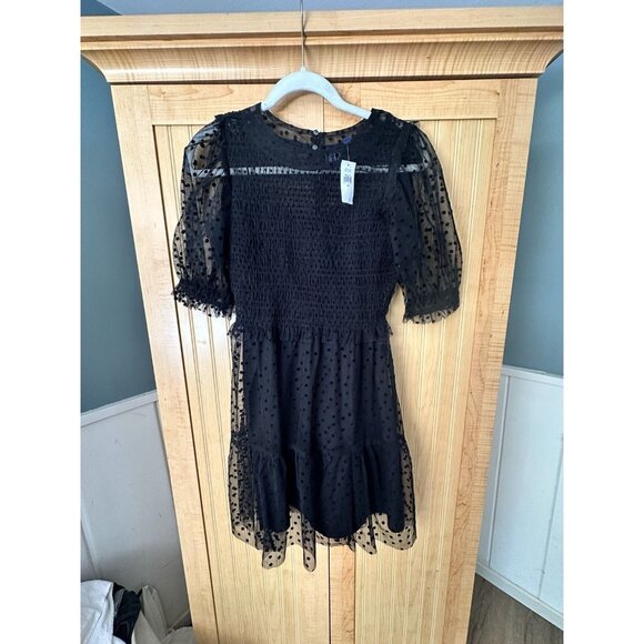 Gap Puff Sleeve Black Mini Dress, Size XS Evening, Cocktail Party, Sheer Mesh - Picture 7 of 8